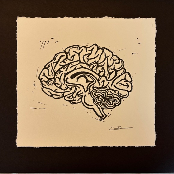 Original Black and White Brain Linocut Print - signed by artist (myself)
